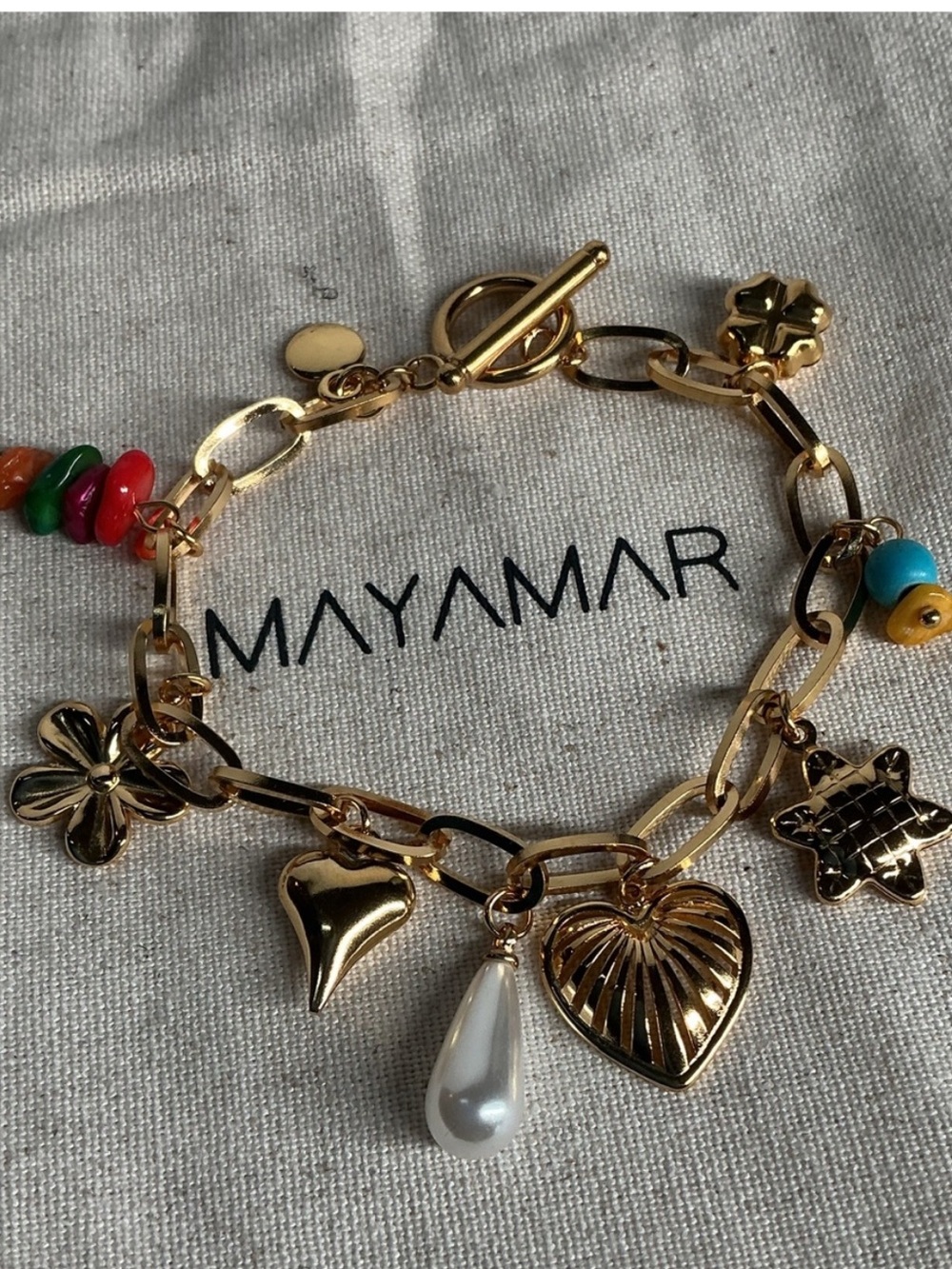 Mayamar Gold Charm Bracelet with Pearl Drop and Multicolor Accents( NWT)
